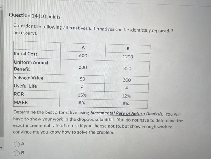 Solved Consider The Following Alternatives (alternatives Can | Chegg.com