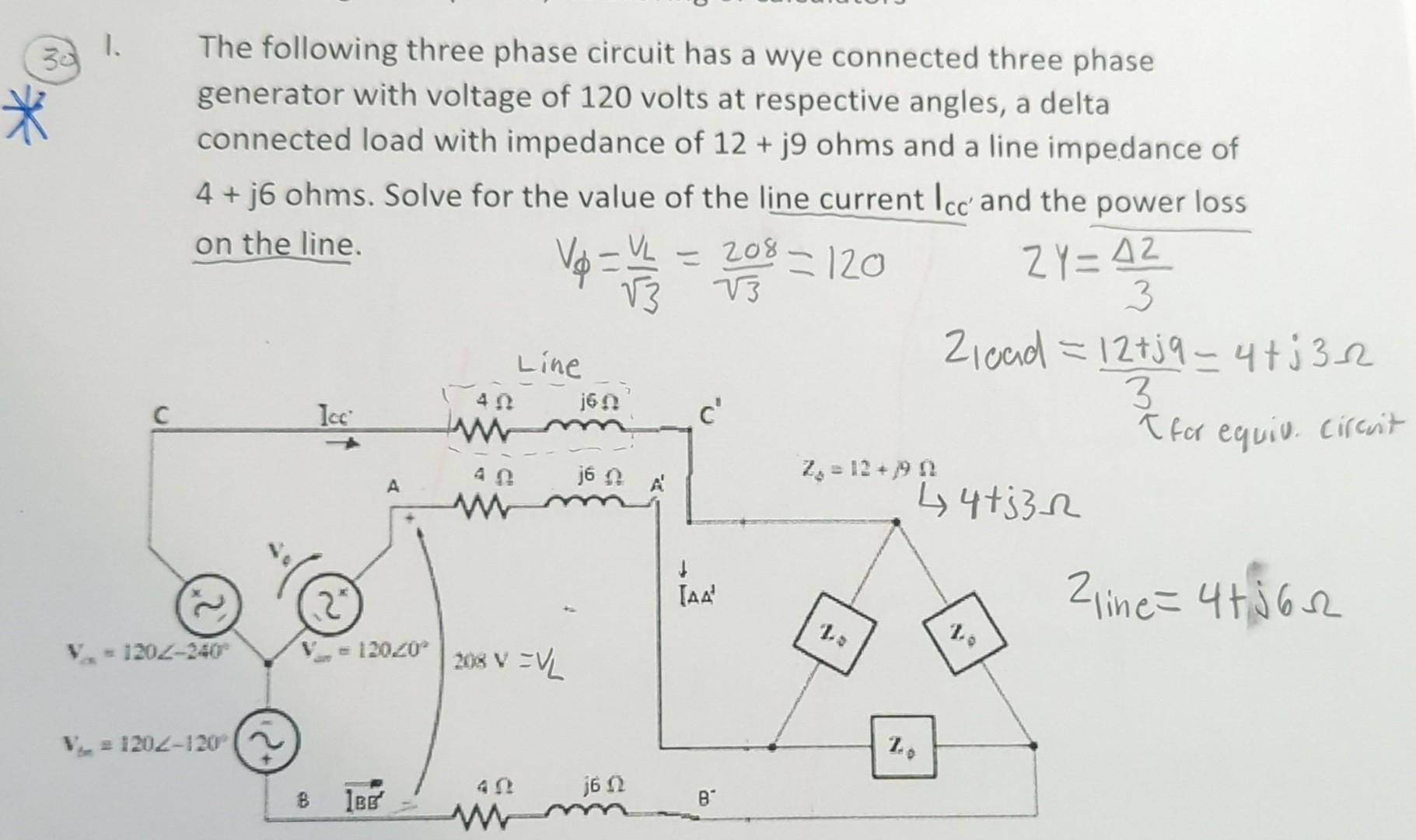 Solved The following three phase circuit has a wye connected | Chegg.com