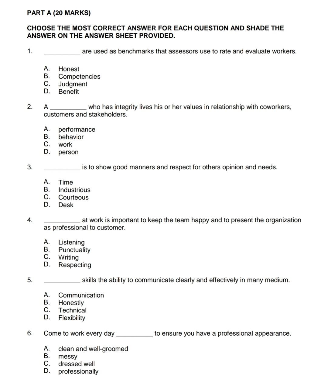 Solved PART A (20 MARKS) CHOOSE THE MOST CORRECT ANSWER FOR | Chegg.com