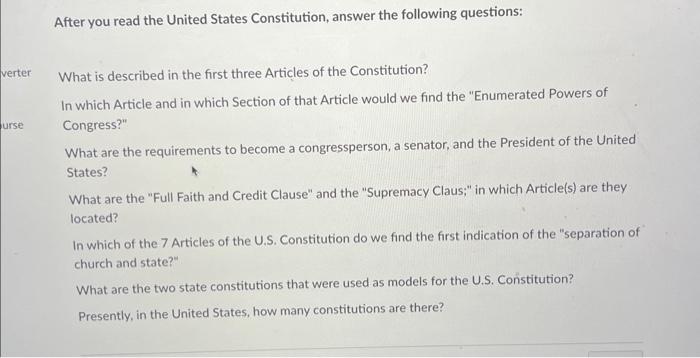 Solved After you read the United States Constitution, answer | Chegg.com