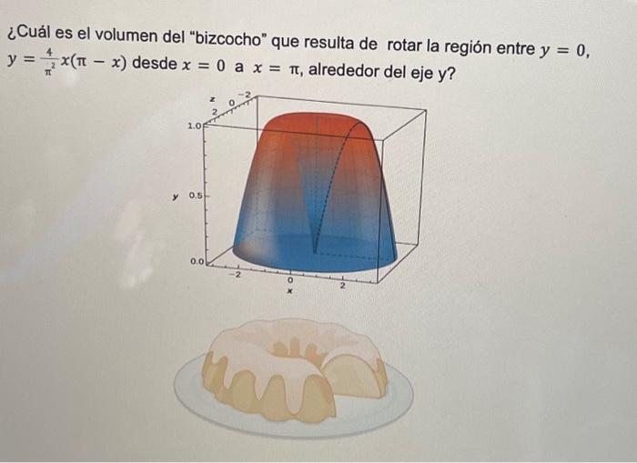 ¿Cuál es el volumen del bizcocho que resulta de rotar la región entre \( y=0 \), \( y=\frac{4}{\pi^{2}} x(\pi-x) \) desde \