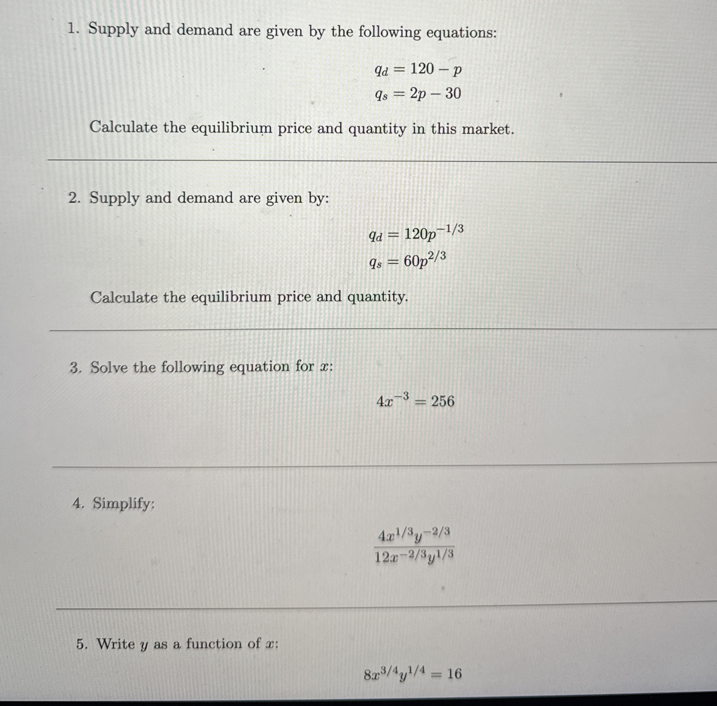 Solved Supply and demand are given by the following | Chegg.com