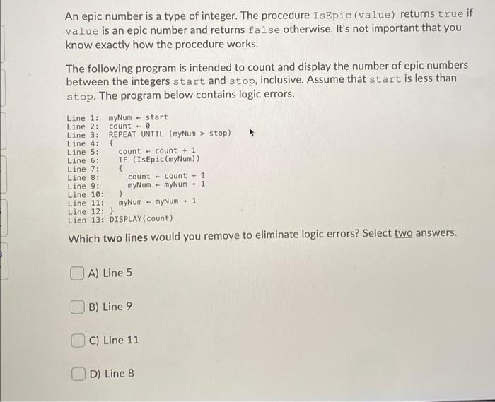 Solved An epic number is a type of integer. The procedure | Chegg.com