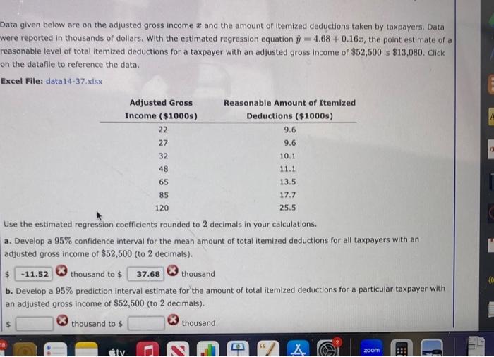 Solved Data given below are on the adjusted gross income x | Chegg.com