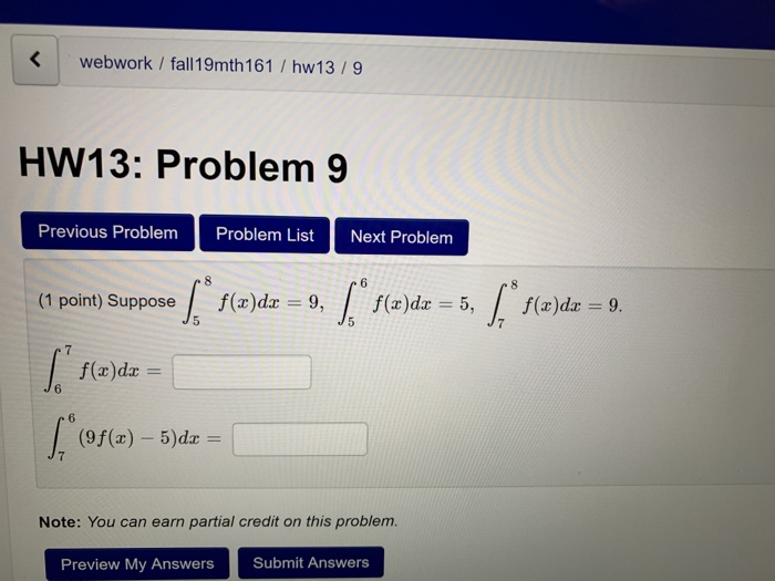 Solved webwork / fall19mth 161 / hw13/9 HW13: Problem 9 | Chegg.com