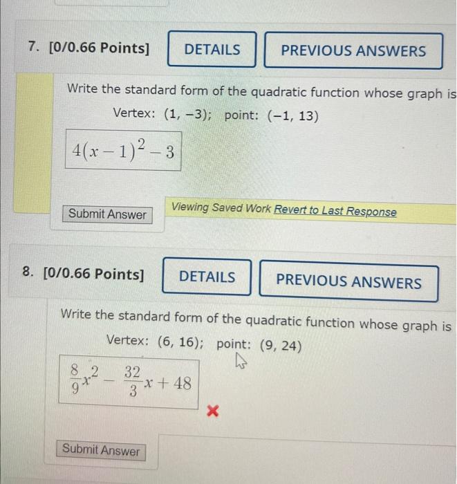 Solved Write the standard form of quadratic equations given