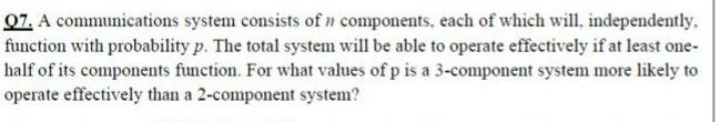 Solved Q7. A communications system consists of n components, | Chegg.com