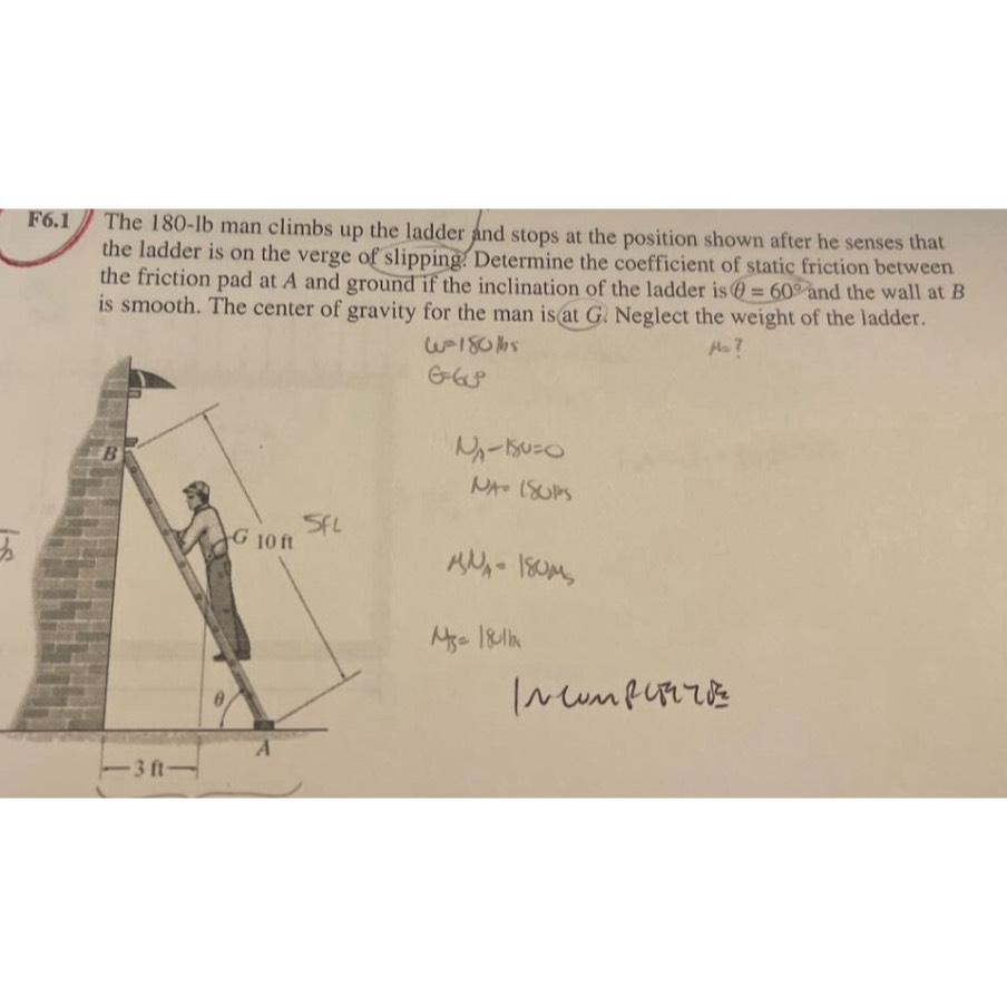Solved F6.1 ﻿The 180-lb man climbs up the ladder and stops | Chegg.com