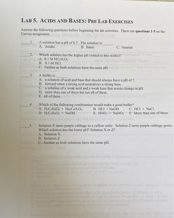 Solved LAB 5. ACIDS AND BASES PRE LAB EXERCISES Answer the