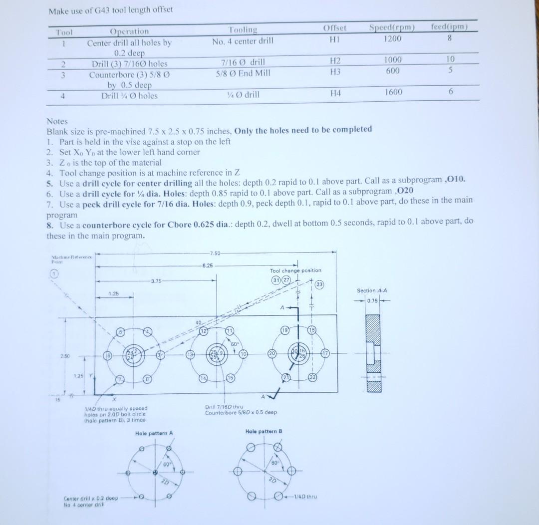 Solved Make use of G43 tool length offset Tool 1 Tooling No. | Chegg.com