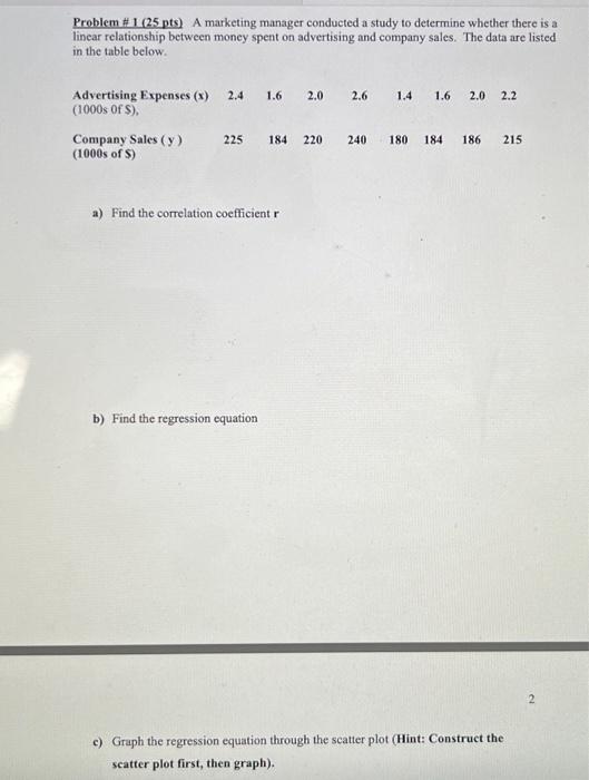 Solved Problem # 1 (25 pts) A marketing manager conducted a | Chegg.com