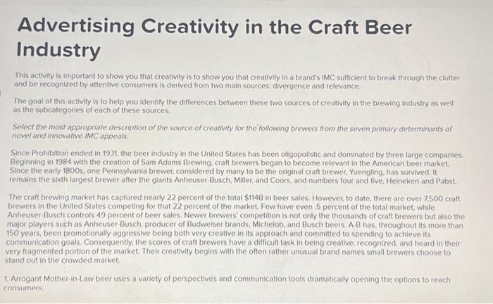 Solved Advertising Creativity in the Craft Beer Industry | Chegg.com