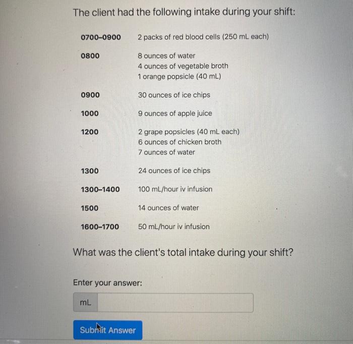 Solved The Client Had The Following Intake During Your Chegg Com