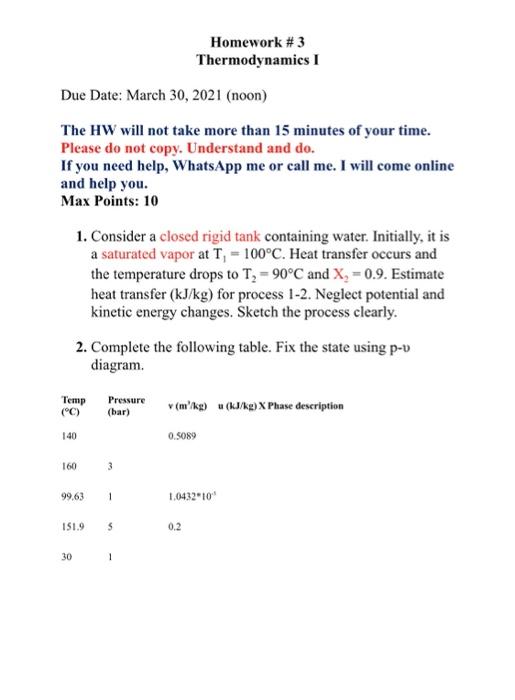 Solved Homework #3 Thermodynamics I Due Date: March 30, 2021 | Chegg.com