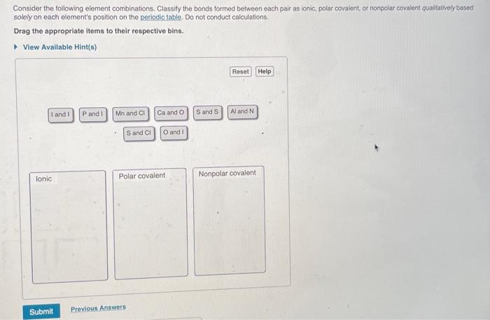 Solved Consider the following element combinations. Classify | Chegg.com