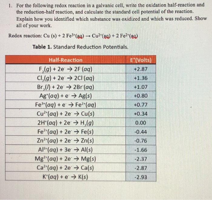 Solved 1. For the following redox reaction in a galvanic | Chegg.com