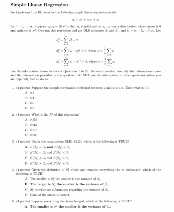 Solved Simple Linear Regression For Questions 1 To 10, | Chegg.com