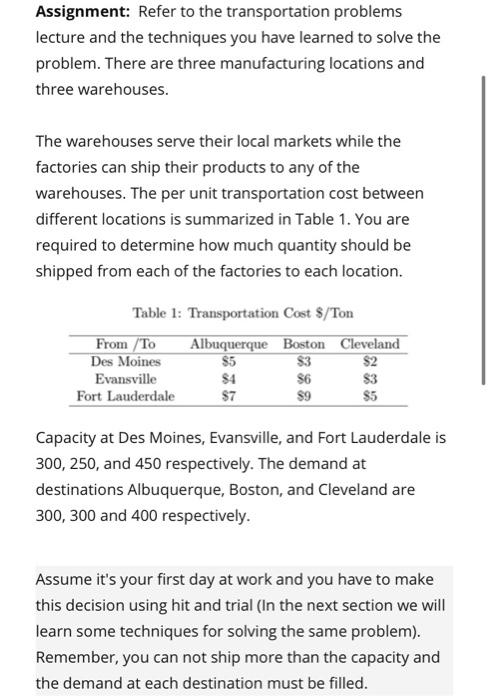 Solved Assignment: Refer To The Transportation Problems | Chegg.com