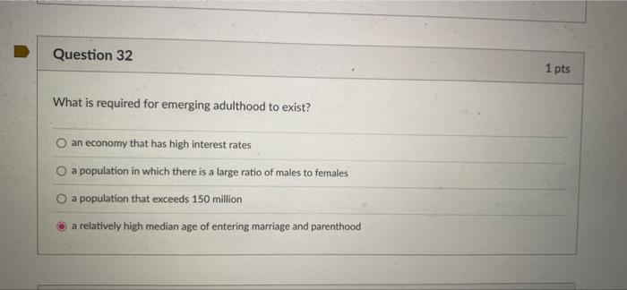Solved Question 32 What Is Required For Emerging Adulthood Chegg