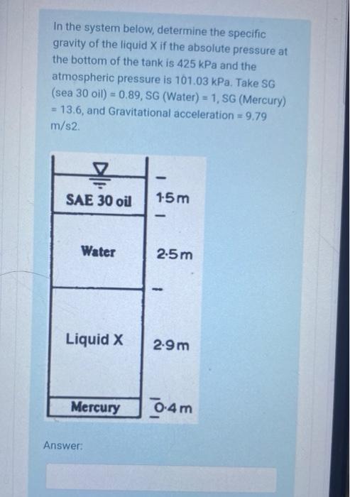 Solved In the system below, determine the specific gravity | Chegg.com