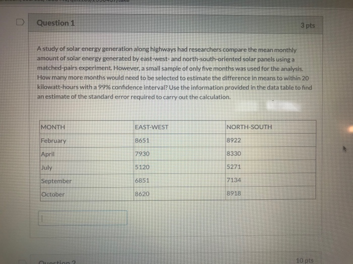 Solved Question 1 3 pts A study of solar energy generation | Chegg.com