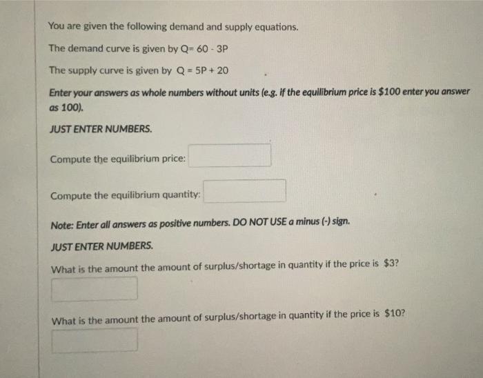 Solved You are given the following demand and supply | Chegg.com