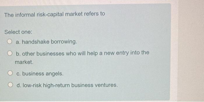 Solved The informal risk-capital market refers to Select | Chegg.com