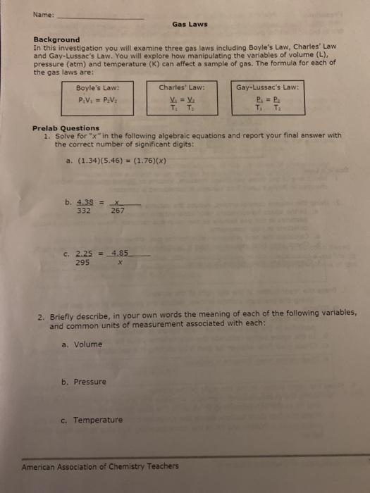 Solved Name: Gas Laws Background In this investigation you | Chegg.com