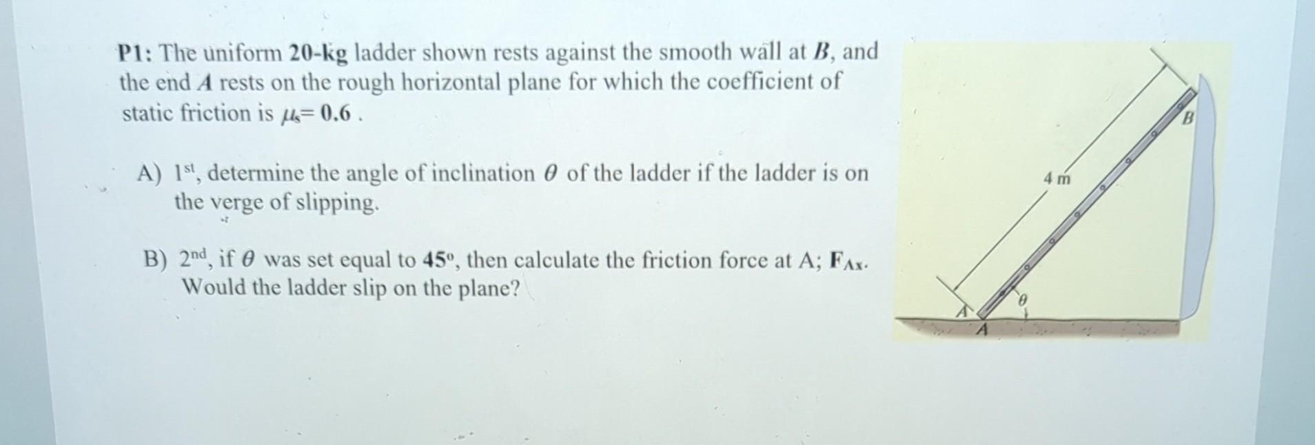 Solved P1 The Uniform 20 Kg Ladder Shown Rests Against The