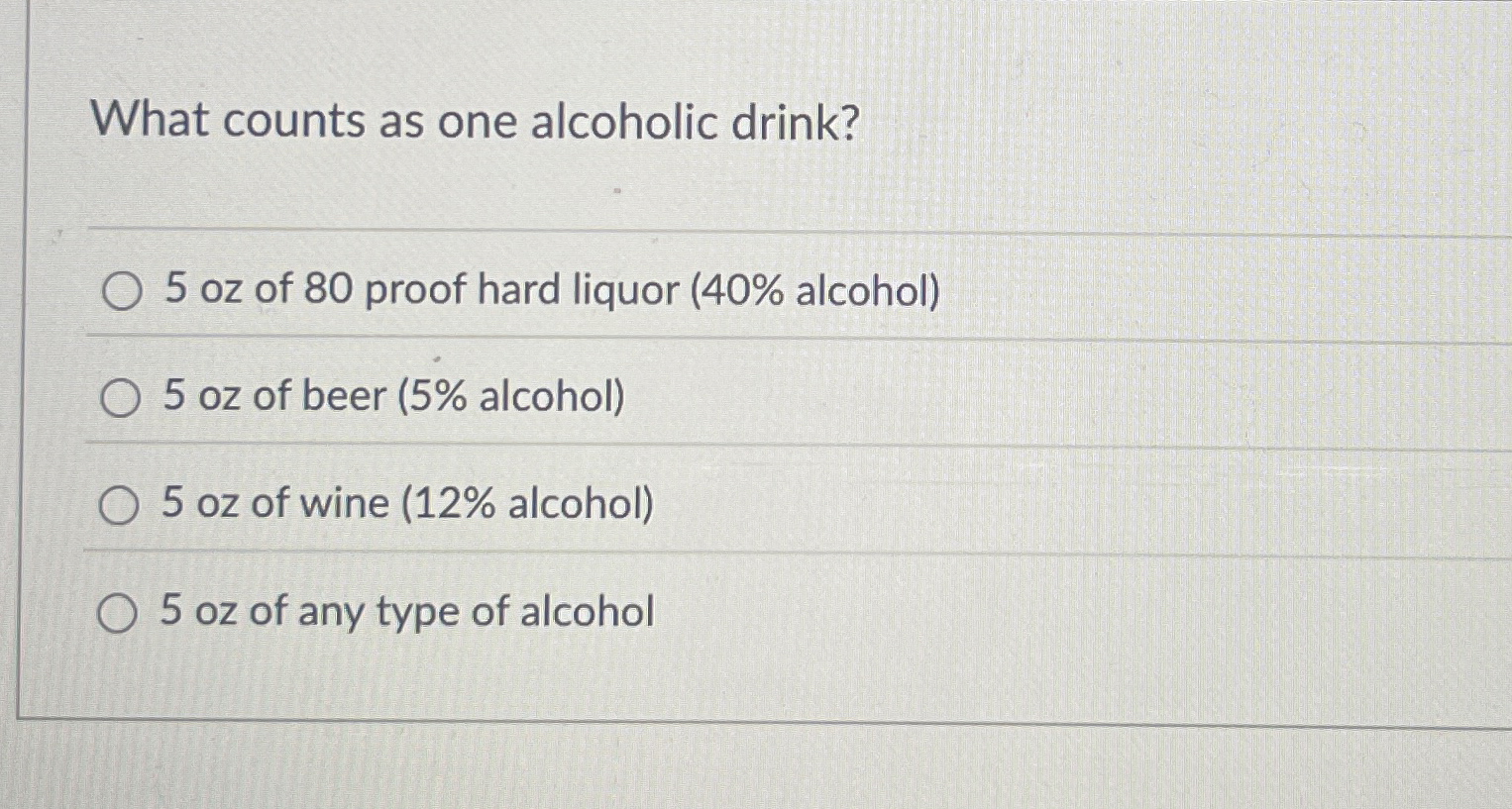 Solved What counts as one alcoholic drink?5 ﻿oz of 80 ﻿proof Chegg