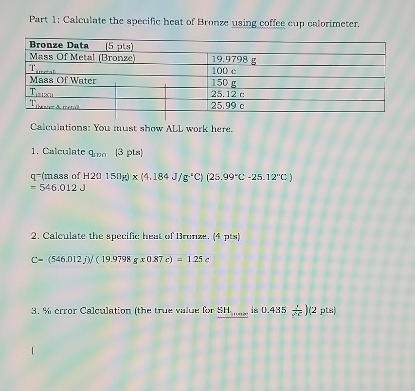Solved Part 1 Calculate the specific heat of Bronze using
