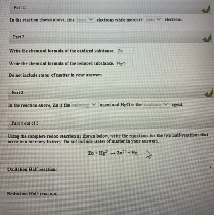 Solved Part 1 In the reaction shown above, zinc loses y