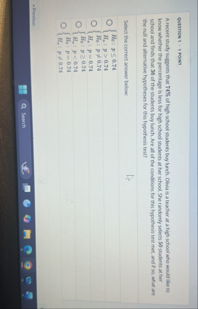 Solved QUESTION 1 - 1 ﻿POINTA recent study suggests that 74% | Chegg.com