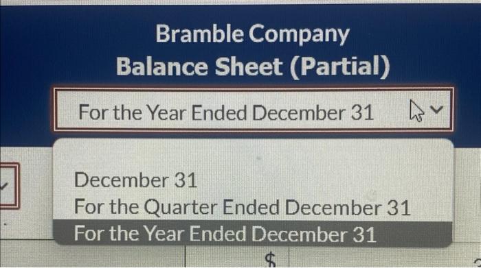 Bramble Company
Balance Sheet (Partial)
For the Year Ended December 31
December 31
For the Quarter Ended December 31
For the