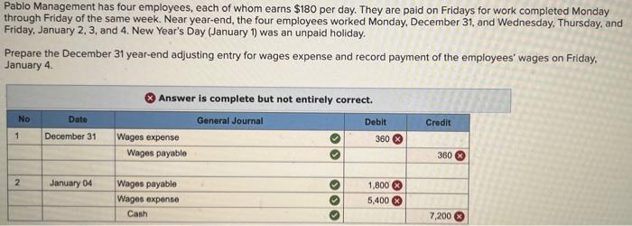 Pablo Management has four employees, each of whom earns \( \$ 180 \) per day. They are paid on Fridays for work completed Mon