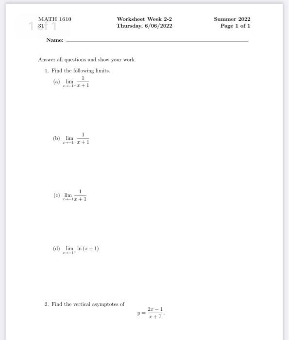 Solved MATH 1610 Worksheet Week 2-2 Summer 2022 31 Thursday, | Chegg.com