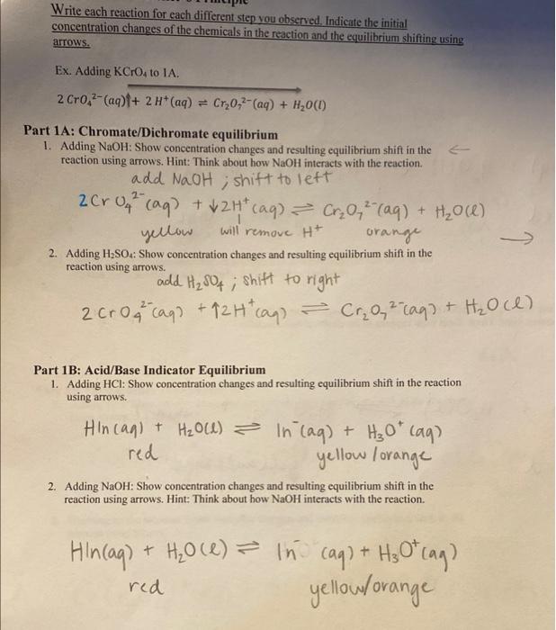 Solved Le Chatelier Experiment. At the top before 1A is an