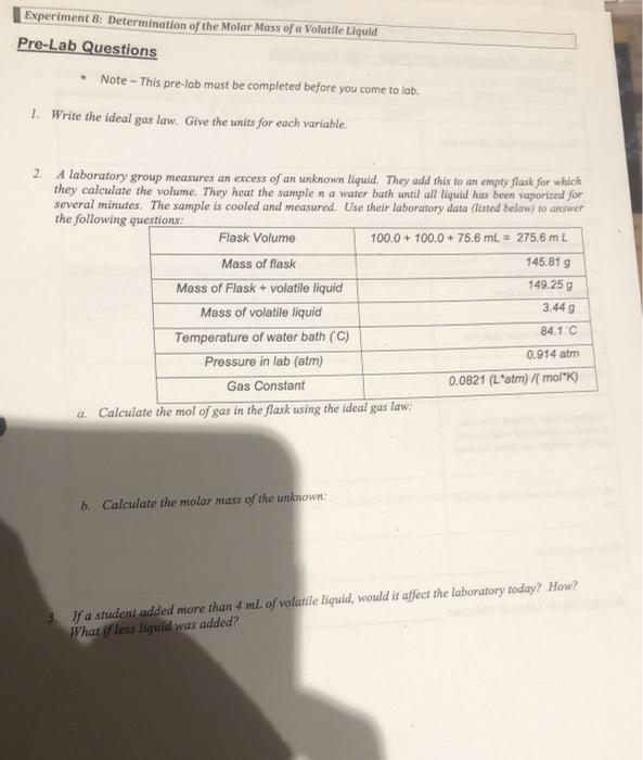 Solved Experiment 8: Determination Of The Molar Mass Of A | Chegg.com