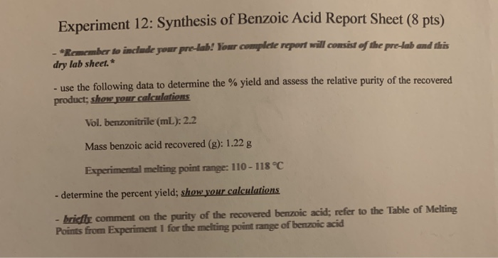 Solved Experiment 12: Synthesis of Benzoic Acid Report Sheet | Chegg.com