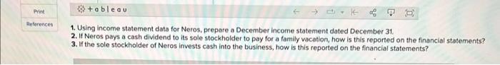 1. Using income statement data for Neros, prepare a December incorne statement dated December 31.
2. If Neros pays a cash div