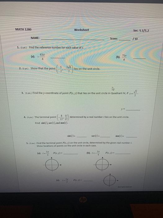 Solved MATH 1280 Worksheet Sec. 5.1/5.2 NAME: Score: /10 1. | Chegg.com
