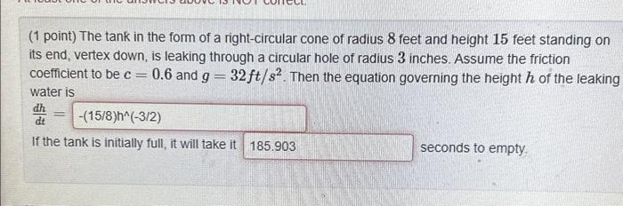 Solved (1 point) The tank in the form of a right-circular | Chegg.com