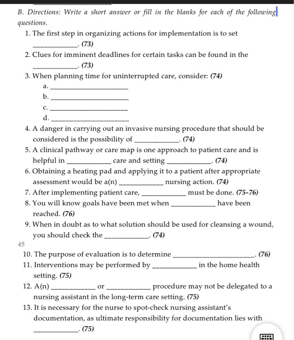 Solved B Directions Write A Short Answer Or Fill In The Chegg