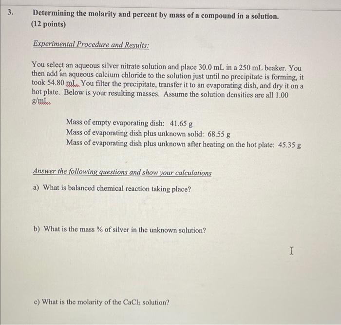 Solved 3. Determining the molarity and percent by mass of a | Chegg.com