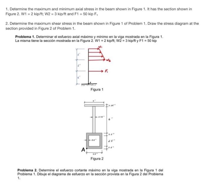 1. Determine the maximum and minimum axial stress in the beam shown in Figure 1. It has the section shown in Figure 2. W1 = 2