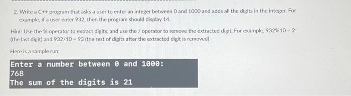 Solved Write a C++ program that asks a user to enter an | Chegg.com