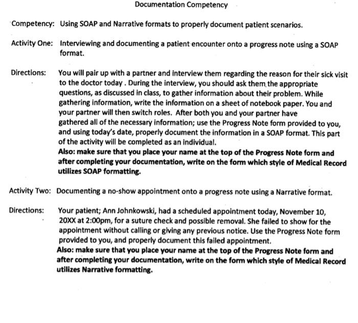 Documentation Competency Competency: Using SOAP and | Chegg.com