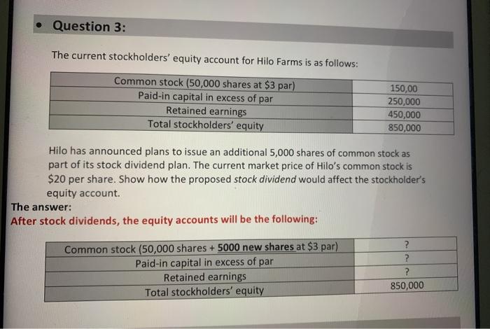 Question 3: the current stockholders equity account for hilo farms is as follows: common stock (50,000 shares at $3 par) pai