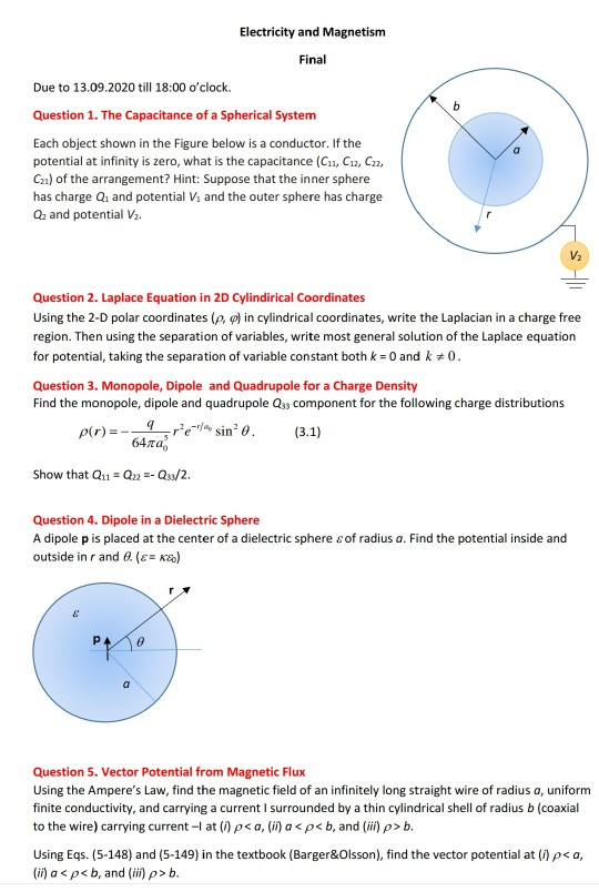 b Electricity and Magnetism Final Due to 13.09.2020 | Chegg.com