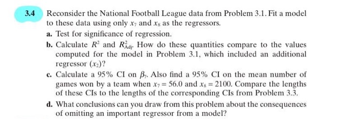 Solved 3.4 Reconsider The National Football League Data From | Chegg.com